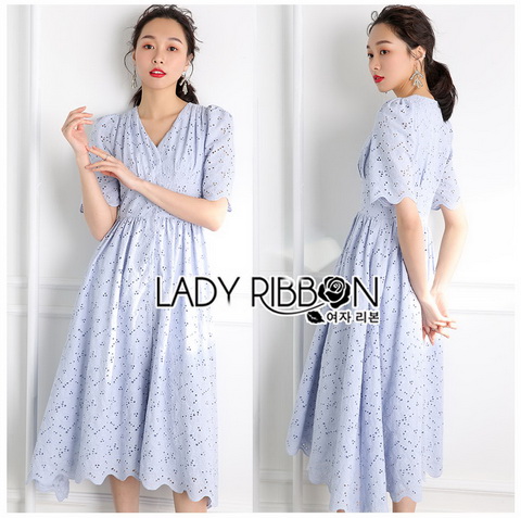 Dress เดรสผ้าคอตตอนสีฟ้าอ่อนปักและฉลุลาย