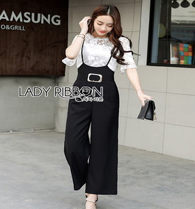 Lady Ribbon Jumpsuit with Belt Set เซ็ตเสื้อลูกไม้