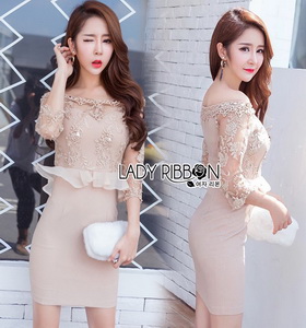 Lady Ribbon Crepe Dress เดรสผ้าทูลล์ ปักลายและตกแต่งมุก