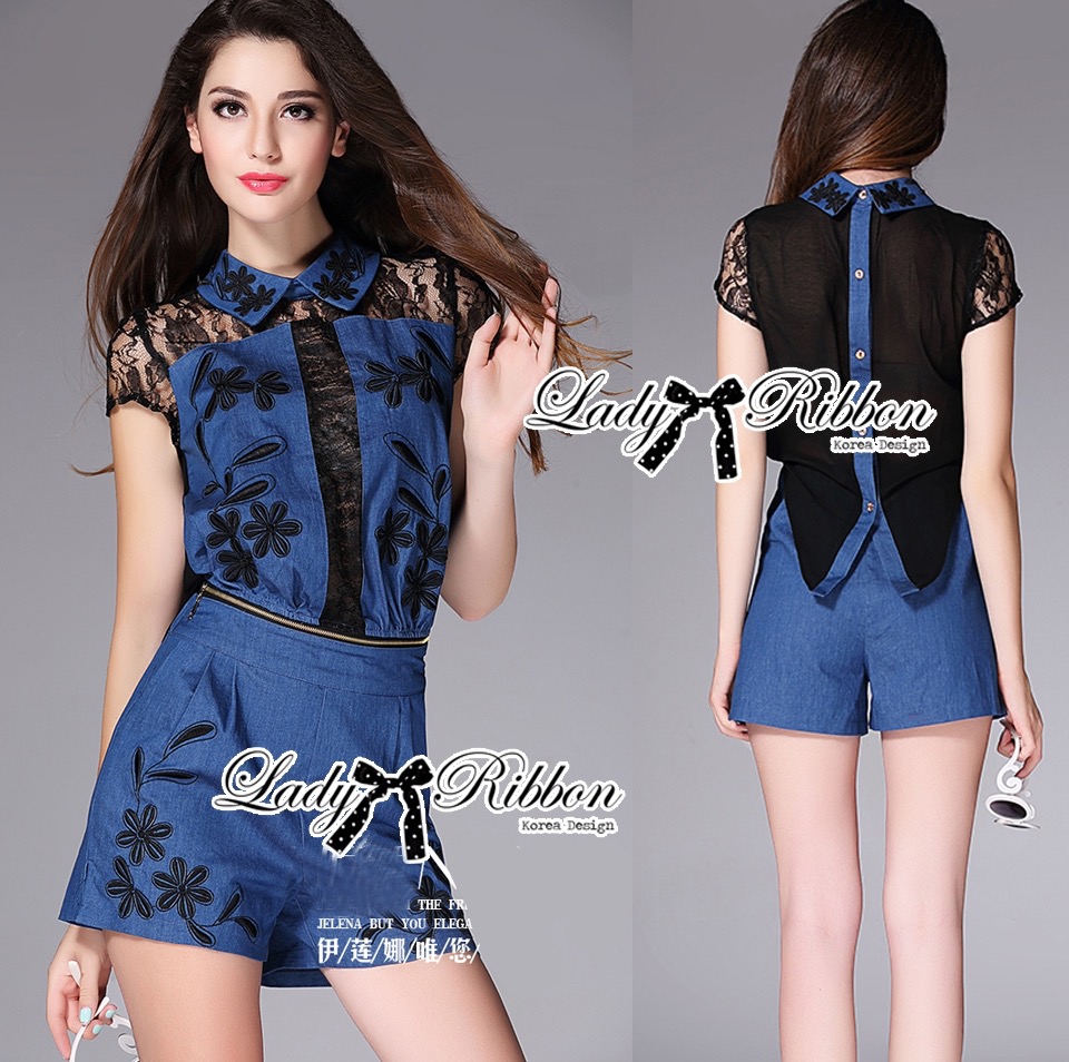 Lady Ribbon เสื้อผ้าพร้อมส่ง เสื้อผ้า Lady Ribbon พร้อมส่ง เลดี้ริบบอน LR02230216 🎀 Lady Ribbon's Made 🎀 Lady Julia Flower Embroidered Lace Denim Shirt Playsuit