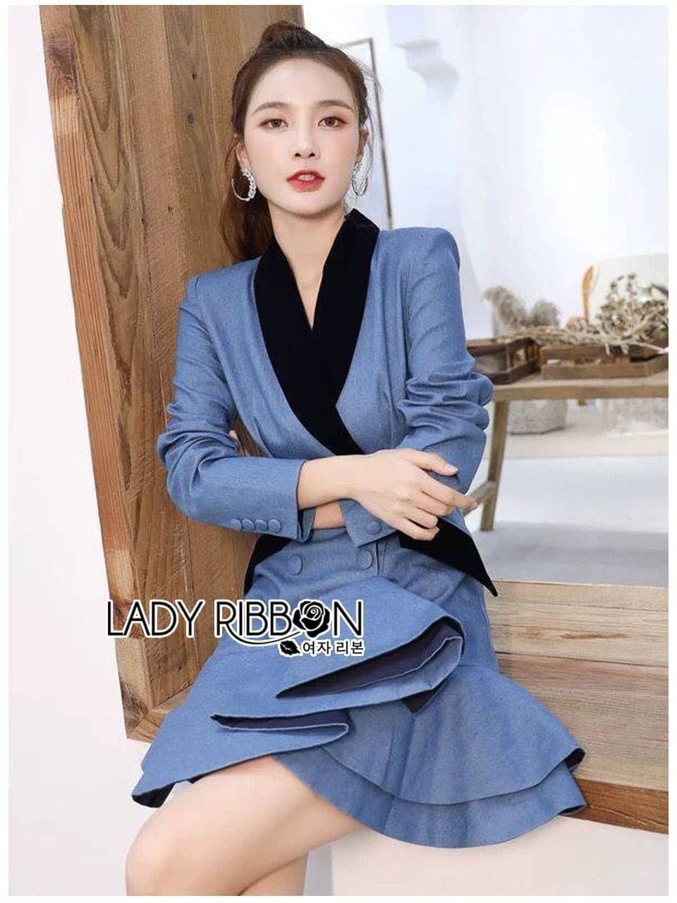มินิเดรสสีฟ้าสโตนแขนยาว