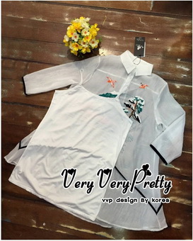 VP05310816 Luxurious White Silk Embroidered Shirt Dress เดรสเชิตงานปักสไตล์วินเทจสวยมาก