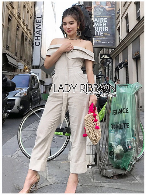 จัมป์สูทผ้าลินินทรงเปิดไหล่ตกแต่งเลเยอร์