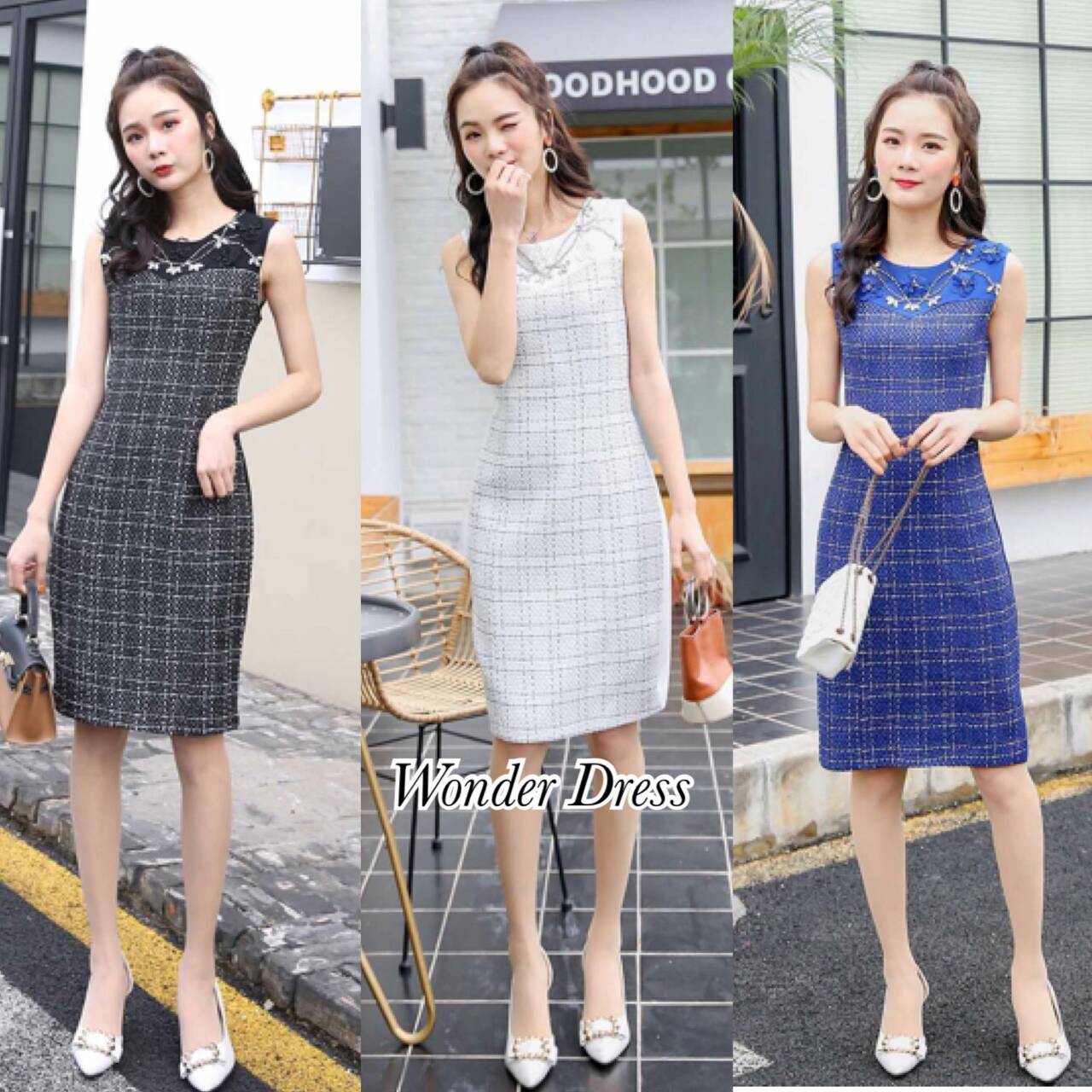 เดรสผ้าทวีสแขนกุดผ้าสีพื้น