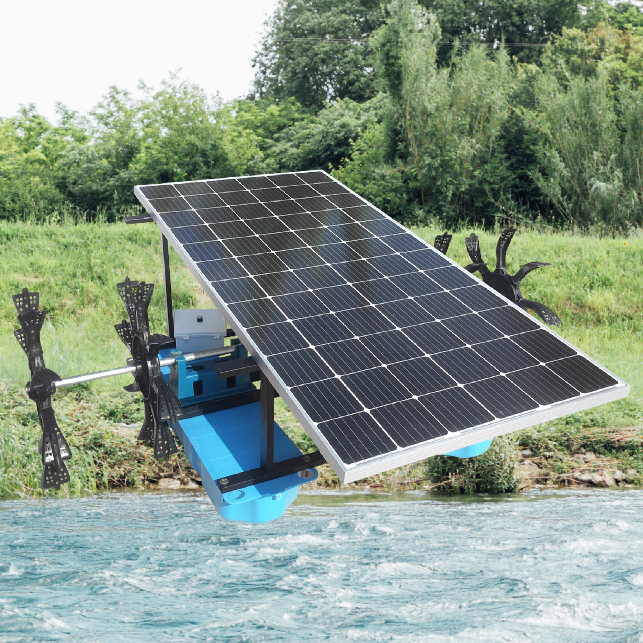 กังหันตีน้ำโซล่าเซลล์ [ รุ่น 24V 500W 4 ใบพัด ] กังหันตีน้ำเพิ่มออกซิเจน บำบัดน้ำเสีย โซล่าเซลล์ พลังงานแสงอาทิตย์