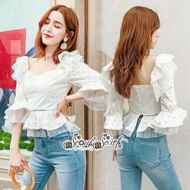เสื้อเนื้อผ้าคอตตอนทอลายลูกไม้ฉลุหวาน