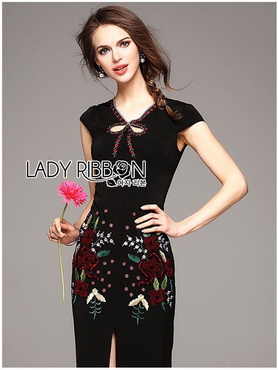 Lady Ribbon Online ขายส่งเสื้อผ้าออนไลน์ของแท้ LR10300616 🎀 Lady Ribbon's Made 🎀 Lady Anne Sexy Elegant Floral Embroidered Polyester Dress
