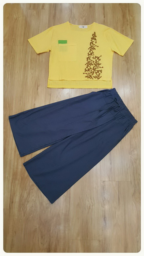 เสื้อกางเกงเกาหลีเสื้อผ้าทอสีเหลือง