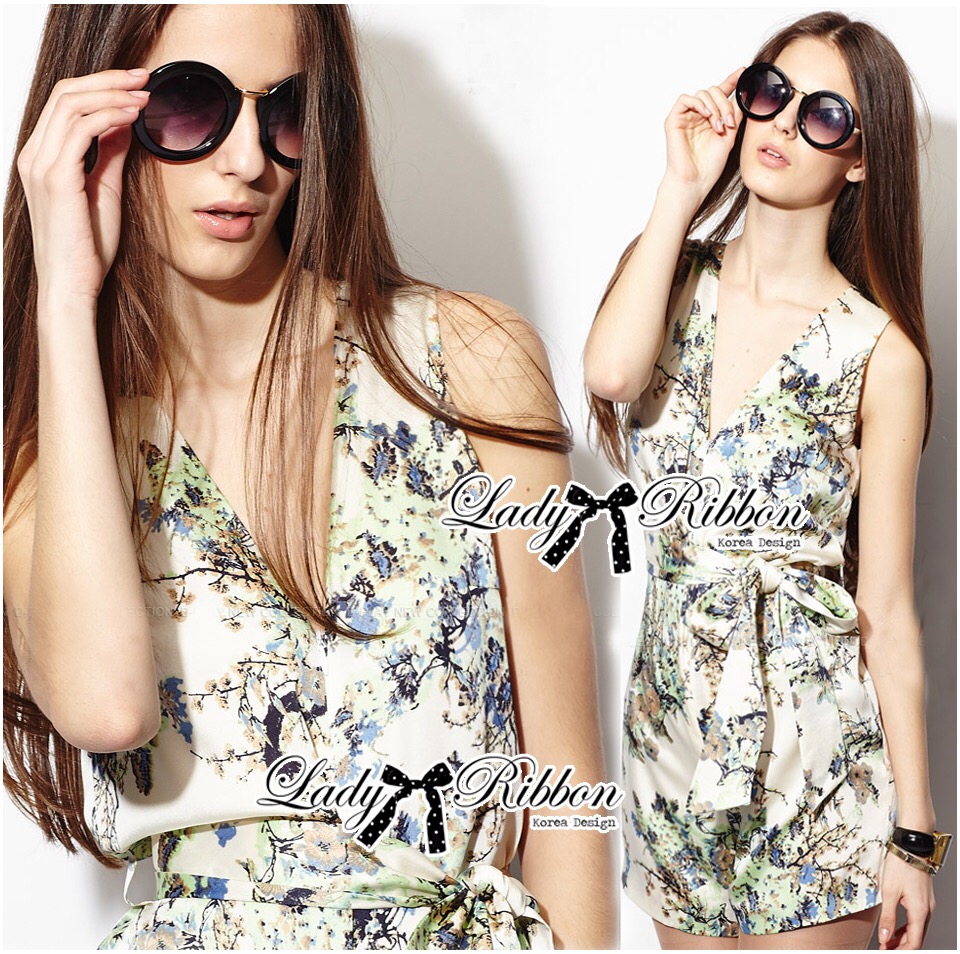 Ladyribbon Lady Ribbon เสื้อผ้าพร้อมส่ง เสื้อผ้า Lady Ribbon พร้อมส่ง เลดี้ริบบอน LR15260216 🎀 Lady Ribbon's Made 🎀 Lady Spring Floral Graphic Painting Jumpsuit
