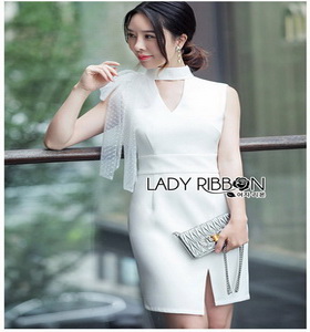 Lady Ribbon with Tulle Scarf เดรสผ้าเครปสีขาว