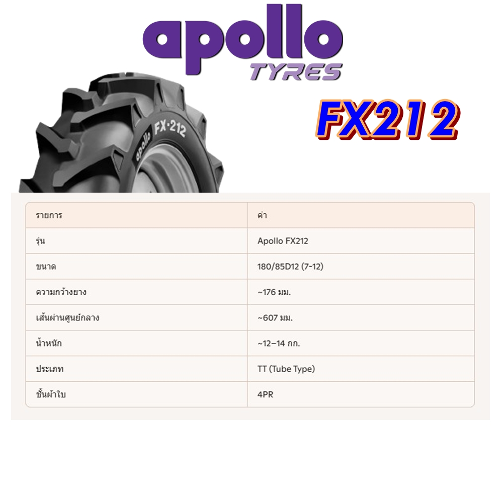 ยางรถอุตสาหกรรมและการเกษตร รถไถ ขนาด 180/85D12 (7-12) รุ่น FX212 ชนิด TT 4PR ยี่ห้อ APOLLO