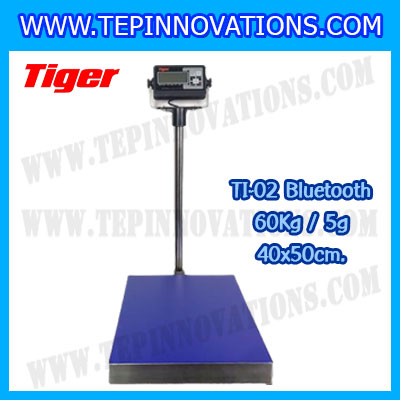 เครื่องชั่งน้ำหนักดิจิตอลBluetooth พิกัด 60kg ความละเอียด 5g ขนาดแท่นชั่ง 40*50cm. ยี่ห้อ TIGER รุ่น TI-02