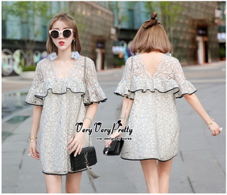 VP02310816 Luxury Floral Embroidery MINI Dress มินิเดรสสไตล์เกาหลี น่ารักมากค่ะ