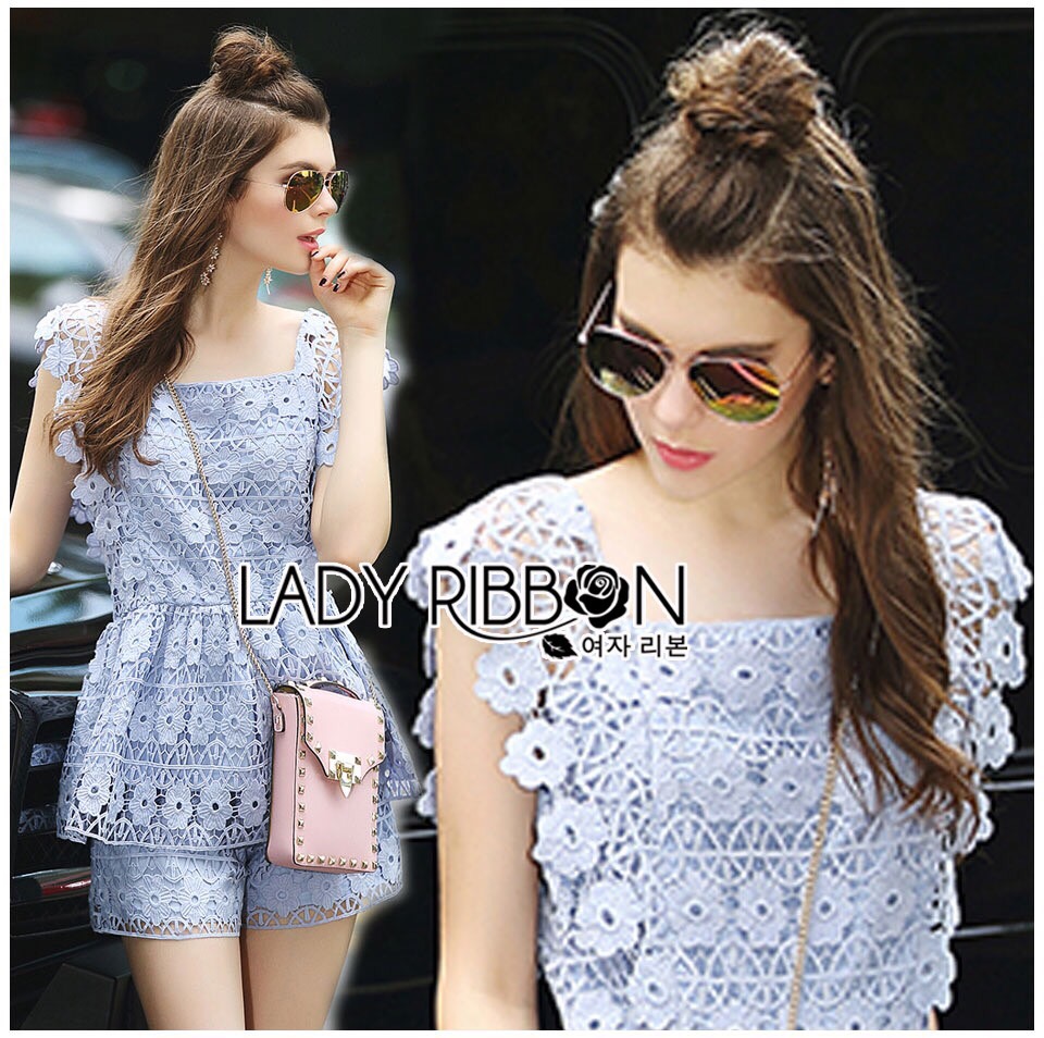 Lady Ribbon Online เสื้อผ้าออนไลน์ ขายส่ง LR10200616 🎀 Lady Ribbon's Made 🎀 Lady Sophie Sweet Casual Baby Blue Lace Top and Shirts Set