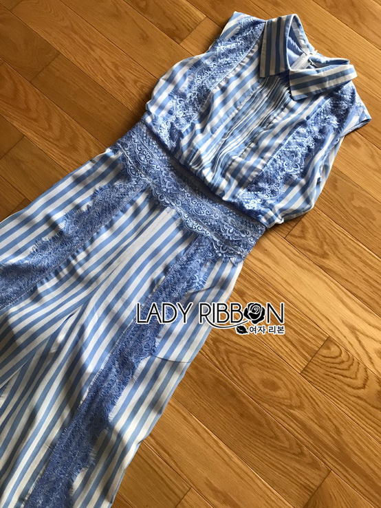 จัมป์สูทผ้าชีฟองพิมพ์ลายทางสีขาว-ฟ้า