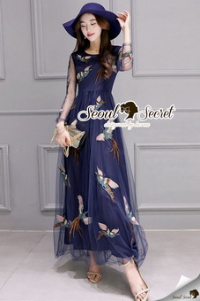 SS03010916 Seoul Secret Say's... Netty Bird Stickly Maxi Dress Material : เนื้อผ้า Net เนื้อนุ่ม สวยหรูด้วยทรงแม๊กซี่ตัวยาว