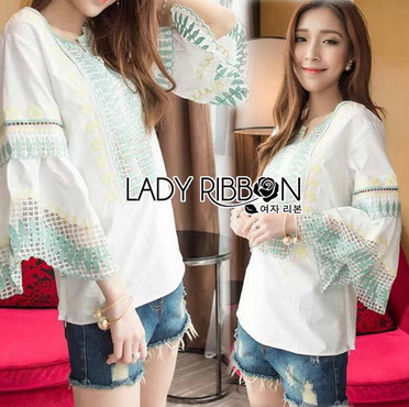 Lady Ribbon Online ขายส่ง เสื้อผ้าออนไลน์ ของแท้ LR05040716 🎀 Lady Ribbon's Made 🎀 Lady Cori Pastel Embroidered Ruffle-Sleeve Cotton Top