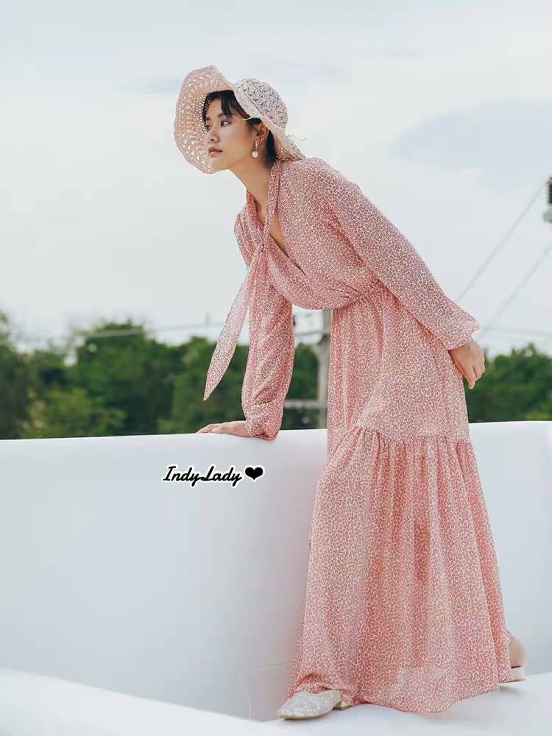 Dress ทรงสวยแขนยาวเอวสม๊อกไขว้หน้า