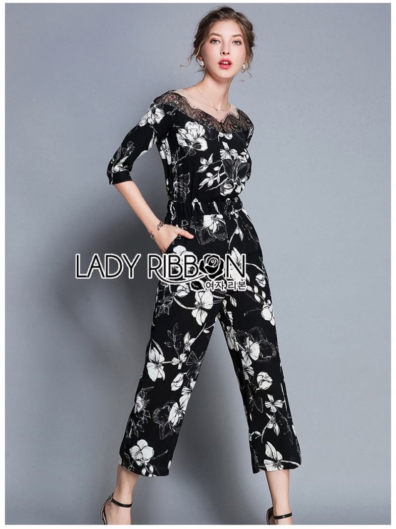 Flower Printed Black Jumpsuit จัมป์สูทขายาวสีดำ