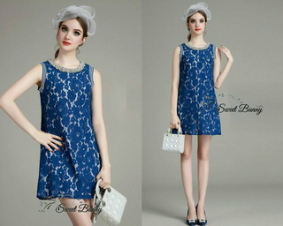Lady Ribbon Online ขายส่งเสื้อผ้าออนไลน์เลดี้ริบบอน Sweet Bunny SW13010816 Sweet Bunny Present... Embroidered Necklace Blue Lace Mini Dress