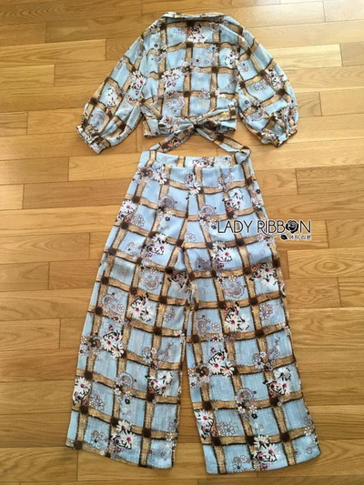 เซ็ตเสื้อเชิ้ตและกางเกงขายาวผ้าชีฟองสีฟ้าพิมพ์ลายตาราง