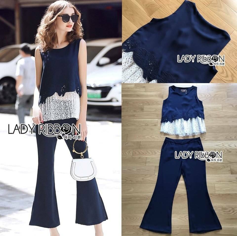 เซ็ตเสื้อแขนกุดตกแต่งระบายและกางเกงขาบานสีน้ำเงิน