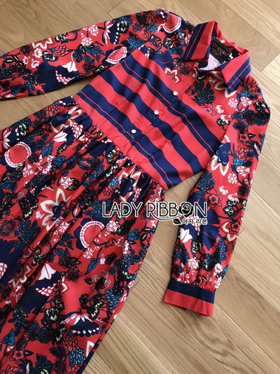 เชิ้ตเดรสพิมพ์ลายดอกไม้สลับลายทาง