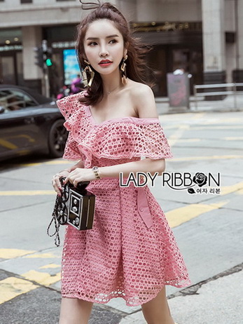 🎀 Lady Ribbon's Made 🎀 Lady Carlie Off-Shoulder Button-Down Bubblegum Pink Lace Dress