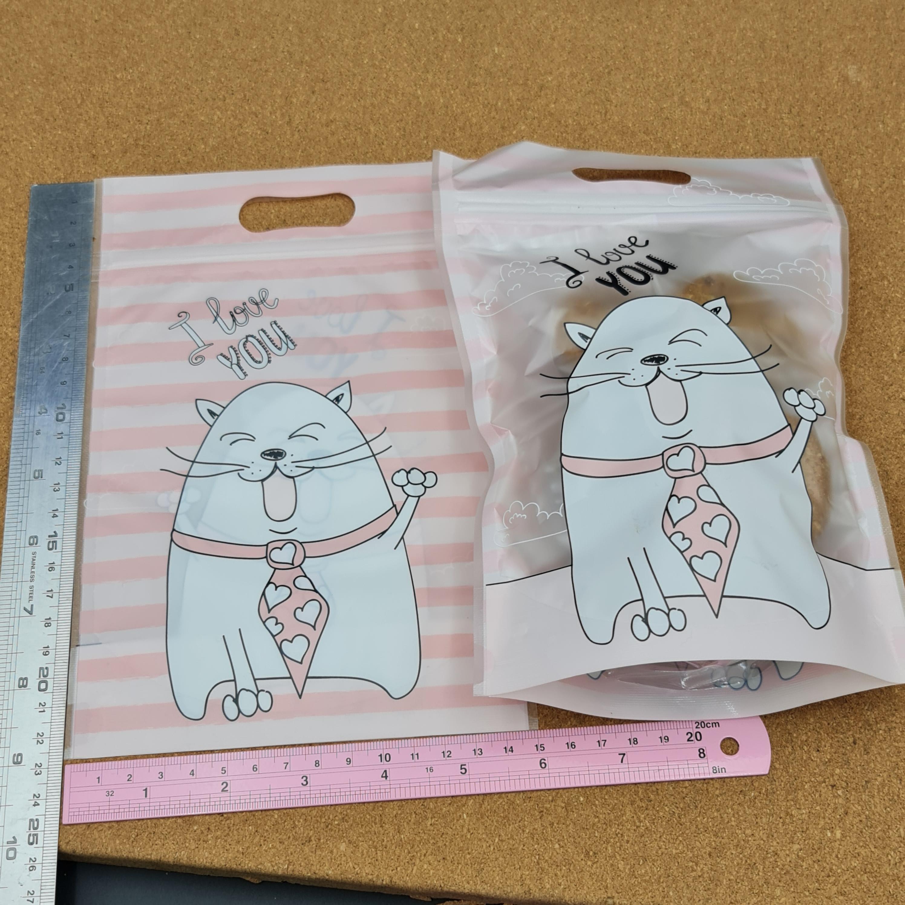 ถุงซิป มีหูหิ้ว ตั้งได้ แมว I love you ขนาด15×22.5+ก้นถุง5.5cm. 50ใบ/แพ็ค 20ใบ/แพ็ค พลาสติก แพ็คเกจ เบเกอรี่ j12