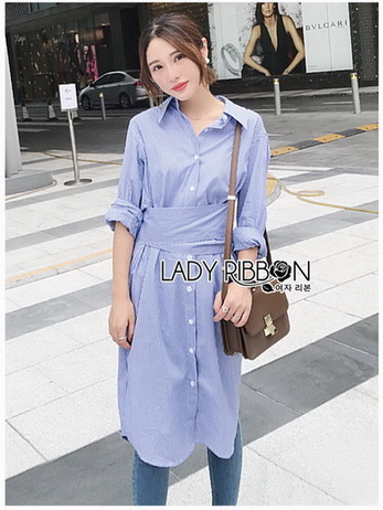 Grey Striped Lady Ribbon Shirt Dress