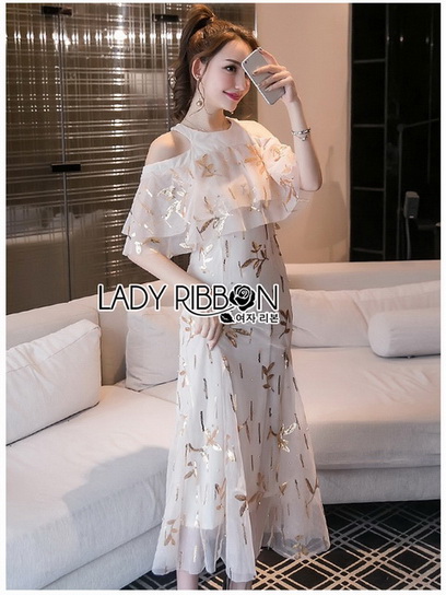 เดรสผ้าทูลเลปักเลื่อมสีทองตกแต่งระบาย