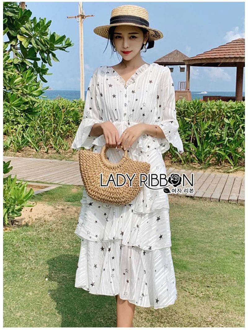 เดรสยาวผ้าชีฟองลายทางพิมพ์ลายดาว