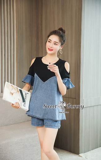 ผ้ายีนส์เนื้อนุ่มผ้าผ้าดีนิ่มใส่สบาย เสื้อทรงเว้าไหล่