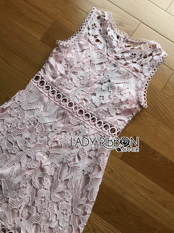 Lady Ribbon เดรสลูกไม้สีชมพูแขนระบาย