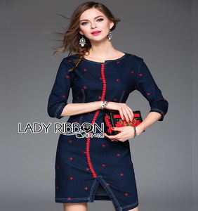 Denim Mini Dress Lady Ribbon มินิเดรสผ้าเดนิม