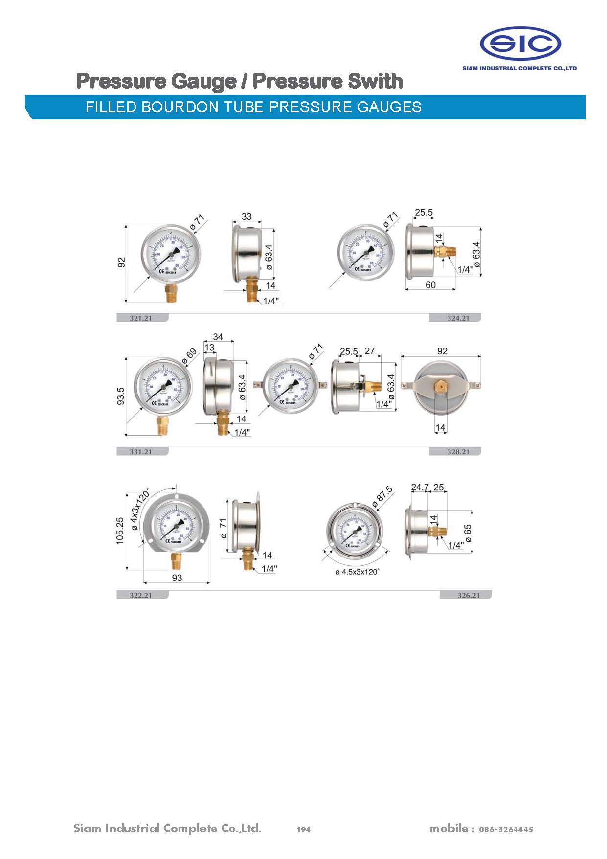 326-21-222** Pressure Gauge kgf-cm2/Psi เกจวัดแรงดัน หน้าปัด 2-1/2" เกลียวออกหลัง (SKON)