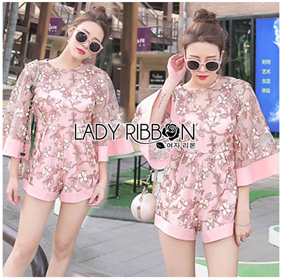 เสื้อผ้า : Lady Ribbon LB06160516 🎀 Lady Ribbon's Made 🎀 Lady Michelle Floral Embroidered Organza and Polyester Rose Playsuit