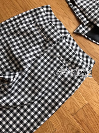 Chic Black and White Lady Ribbon Checked Suit