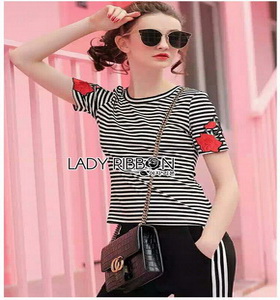 Lady Hally Rose Lady Ribbon Sweat Pants Set เซ็ตเสื้อนิตลายทาง