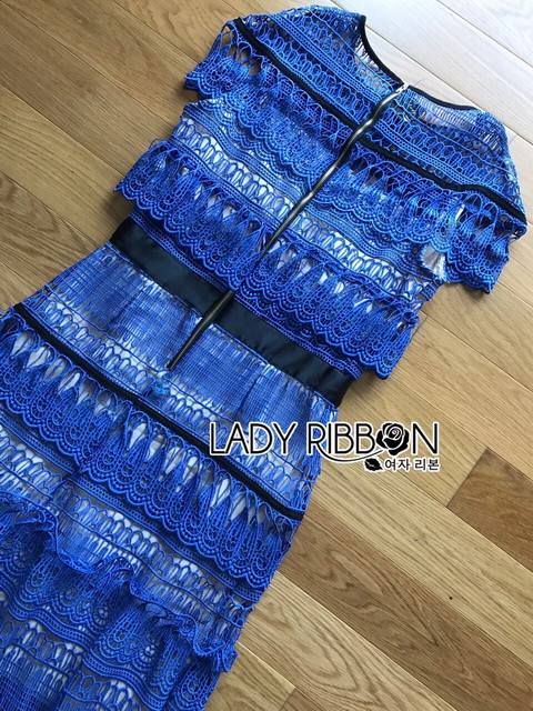 Midi Dress เดรสผ้าลูกไม้สีฟ้าตกแต่งโบว์
