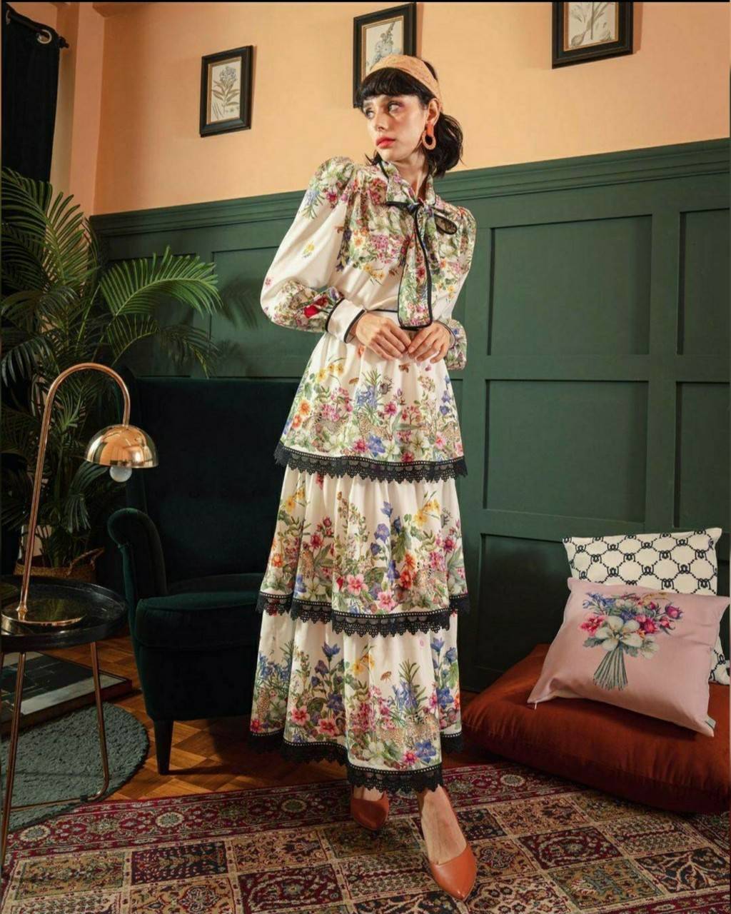 เสื้อคอปกกระดุมหน้าผูกโบว์กระโปรงยาว