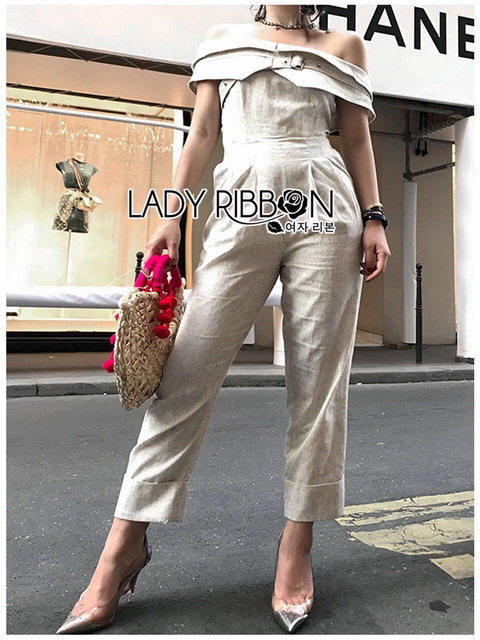 จัมป์สูทผ้าลินินทรงเปิดไหล่ตกแต่งเลเยอร์