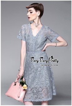 VP01310816 Vintage Silver Florals Lace Dress เดรสผ้าลูกไม้ทั้งตัวสไตล์วินเทจ