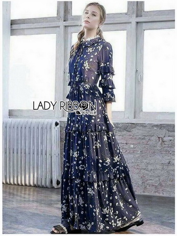 เดรสยาวผ้าชีฟองสีน้ำเงิน