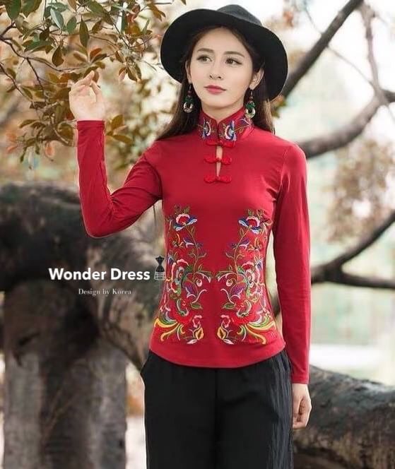 เสื้อคอจีนแขนยาวเนื้อผ้าคอตตอนผสม