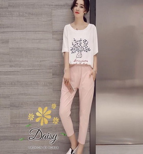 เสื้อผ้าแฟชั่นเกาหลีสวยๆ ชุดเซทเสื้อ+กางเกง ผ้าไม่หนา