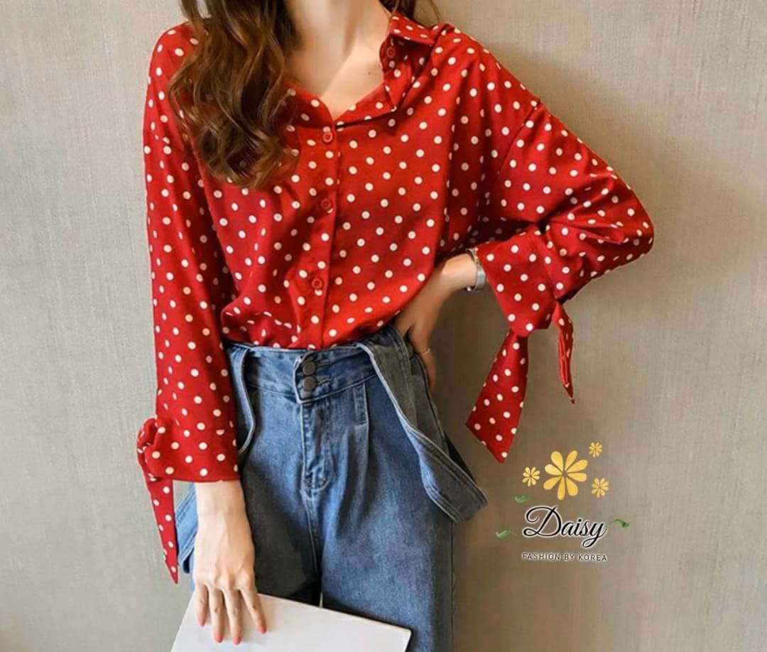 เสื้อเชิตผ้าหางกระรอกเนื้อนิ่ม ลายจุดสีขาว