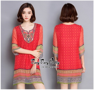 Lady Ribbon Online ขายส่งเสื้อผ้าออนไลน์ Very very pretty VP05030816 Bohemian Red-Chiffon Colorful beads Embroidery Blouse