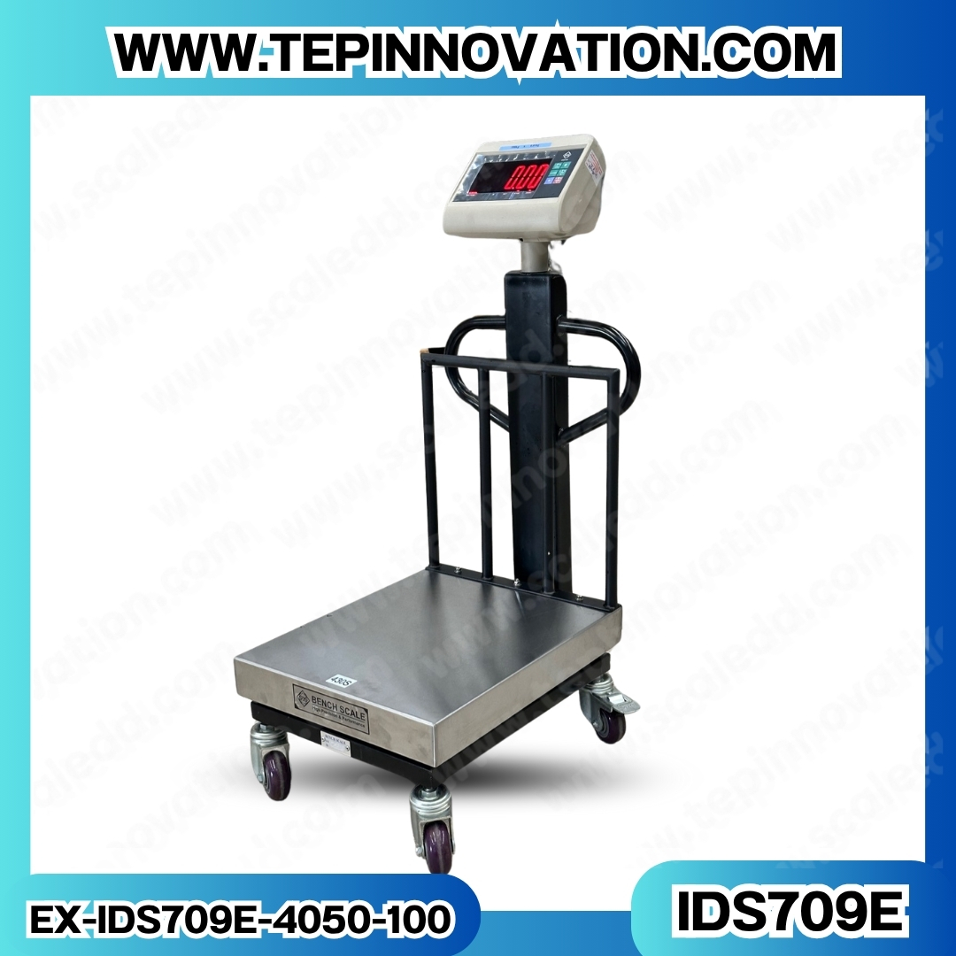 เครื่องชั่งน้ำหนักดิจิตอล IDS709E พิกัด 100kg ค่าละเอียด 1g ยี่ห้อ SDS รุ่น IDS709E แท่นฝาครอบสแตนเลสขนาด 40x50cm. มีล้อเลื่อน และที่กันตก
