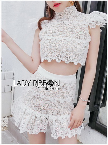 Lady Alessia White lace Cropped Top and Ruffle